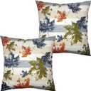2 Pack Thanksgiving Maple Leaves Pillow Covers Colorful Leaf Pillow Cases Blue White Striped Throw Pillow Covers Fall Cotton Linen Farmhouse Pillow Covers for Living Room Patio Outdoor 20x20