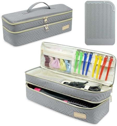 Henlisen Double-layer Hair Tools Travel Bag and Heat Resistant Mat for Revlon One-Step Hair Dryer, Volumizer, Styler, Flat Irons, Straighteners, Curling Iron, and Haircare Accessories (Gray)