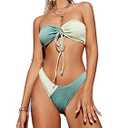 Meetall Bandeau Top Cheeky Bikini Sets for Women Sexy Strapless Bathing Suits for Teens Girls Cute Color Block Green Bikini Ribbed Two Piece Swimsuits for Women High Rise, Size M