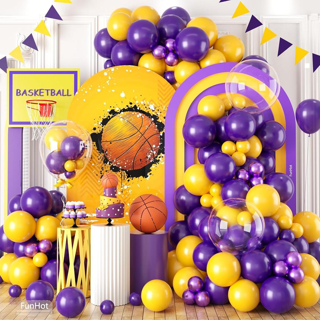 Purple and Yellow Balloon Garland Arch Kit,Basketball Balloons Arch, 120Pcs Purple Yellow Clear Latex Balloons with 18/12/5 Inch Different Sizes for Boy Basketball Sport Theme Graduation Birthday