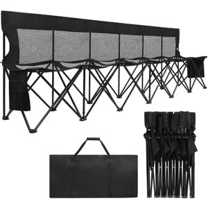 Soccer Bench- Folding Team Bench Soccer 6 Seats, Portable Sideline Sports Benches with Mesh Seat and Back with Bag, Foldable Breathable Chairs for Sports Football Camp Events (Black