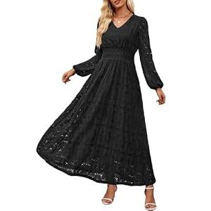Women's Long Puff Sleeve Floral Maxi Dress V Neck Lace Eyelet Hollow Out A Line Flowy Boho Spring Wedding Guest Party Dresses (US, Alpha, Large, Regular, Regular, Black)