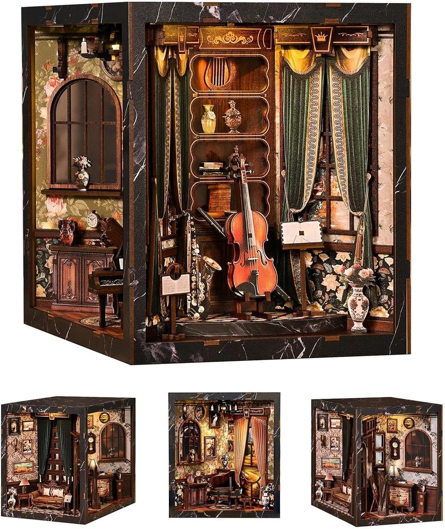 Book Nook Kits for Adults - Four Sides Uniquely Styled Miniature House Kit for Bookshelf Decor, Wooden DIY 3D Puzzles with LED Lampline & Dust Cover, Creative Craft Gift for Music & Book Lover