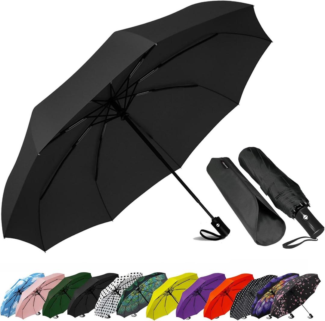 SIEPASA Compact Travel Umbrella - Windproof Auto Open/Close, Small Folding Umbrella for Rain - Lightweight & Durable with Fiberglass Frame, Waterproof Canopy - Fits Backpack, Purse, Suitcase. (Black) (42 Inch-1 Pack)