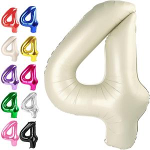 40 Inch Cream White Large Number 4 Birthday Balloon, Giant Number Four 14 24 34 40 44 Balloons, Foil Mylar Big Balloons for Anniversary Graduation Supplies Decorations