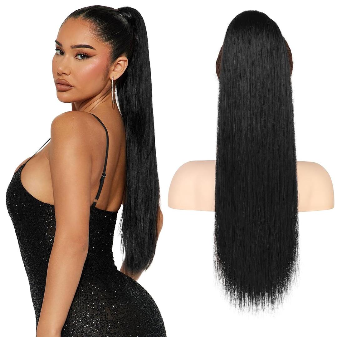 FLUFYMOOZ ponytail extension, 22 Inch Long Straight Drawstring Ponytail Hairpieces Fake Pony Tails Natural Soft Clip in Hair Extension ponytail for Women (Jet Black)