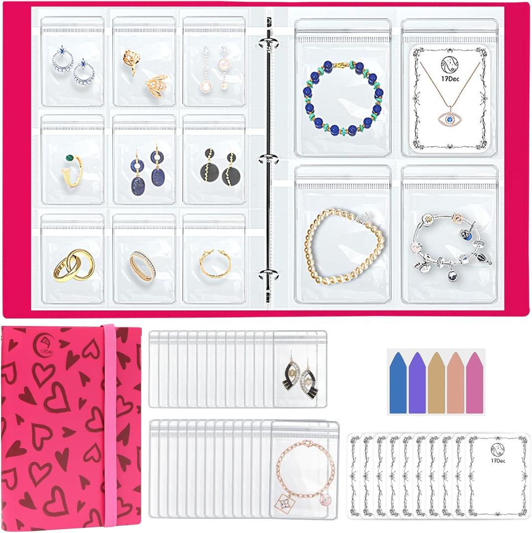 Large Transparent Jewelry Storage Book with 300 Pockets and 50 Jewelry Pouches,Travel Jewelry Organizer and Storage,Jewelry Binder Organizer for Earring,Bracelet,Necklace (300 Grids+50 pvc bags,Pink heart)