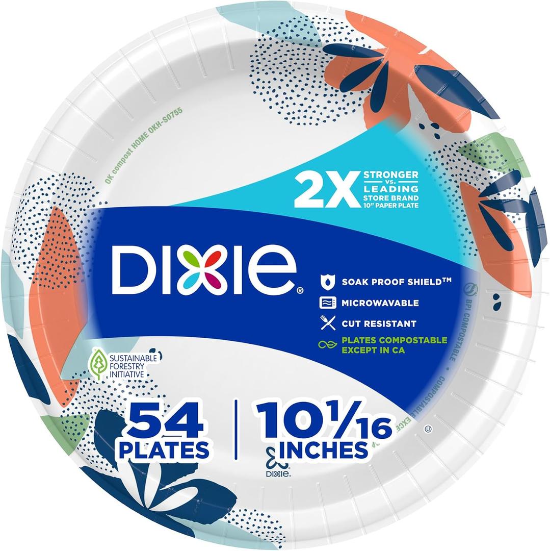 Dixie Large Paper Plates, 10 Inch, 54 Count, 2X Stronger*, Microwave-Safe, Soak-Proof, Cut Resistant, Disposable Plates For Everyday Breakfast, Lunch, & Dinner Meals