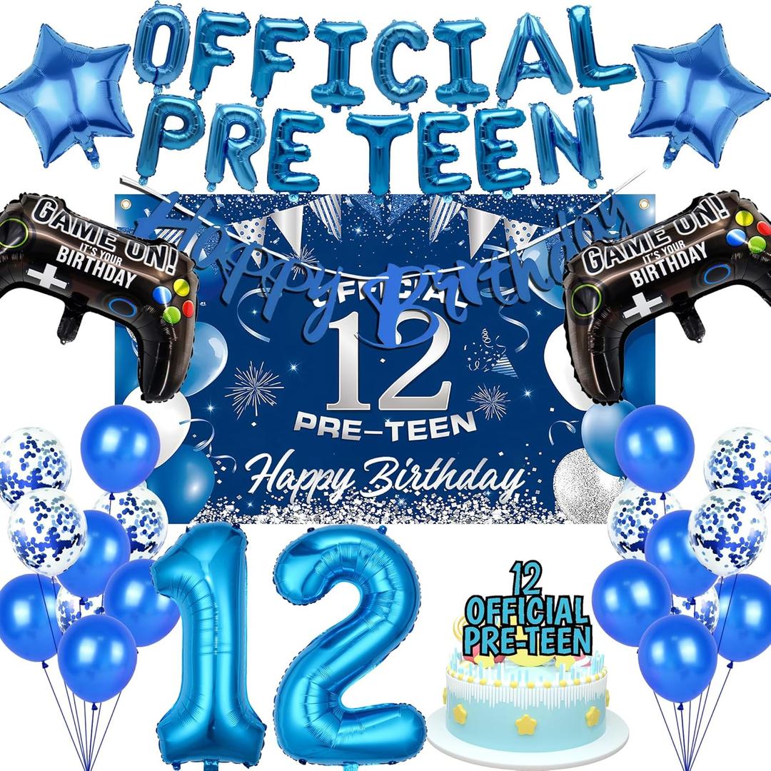 12th Birthday Decorations Boy Balloons - 42 Pcs Blue Banner Balloon Backdrop Cloth Number 12 Cake Topper Game Controllers Star Foil Baloons For 12 Year Old Boys Birthday Party Official Pre Teen