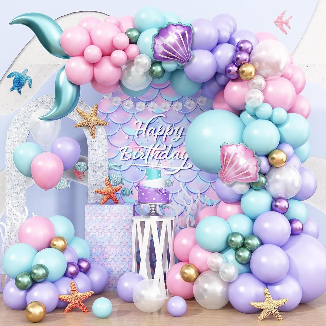 Mermaid Balloon Garland Arch Kit, Pastel Pink Purple Teal Blue Clear Latex Balloons with Mermaid Tail Seashell Foil balloons, for Girls Little mermaid Party Decorations Under the Sea Birthday Supplies
