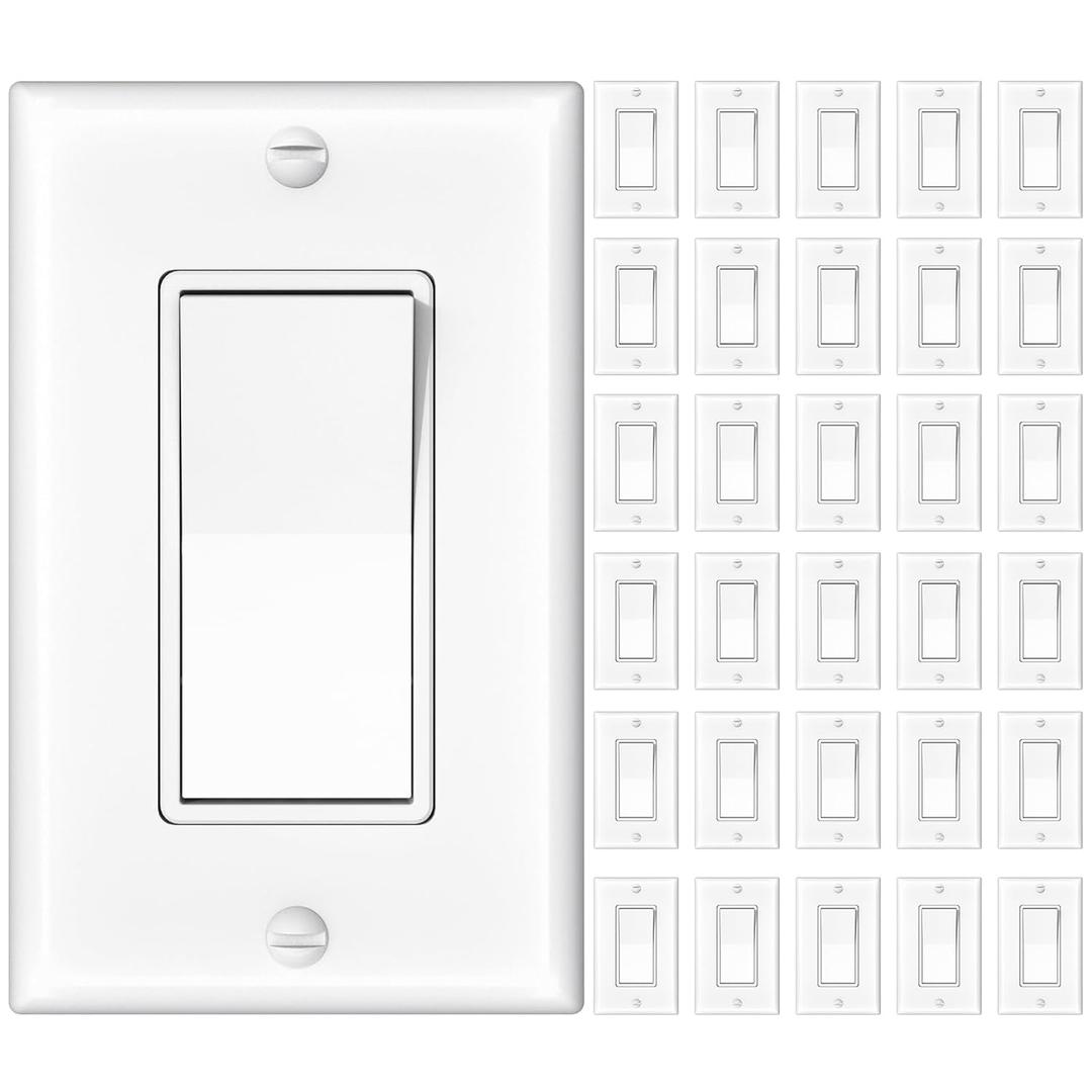 Amico 30 Pack Single Pole Light Switch with Wall Plate, UL Listed, 15A 120/277V, On/Off Rocker Paddle Interrupter Wall Switch, Grounding Screw, Residential Grade, Suitable for Home and Business, White
