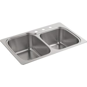 KOHLER Verse 33" Top-/Undermount Double-Bowl Kitchen Sink, Stainless Steel, 3 Faucet Holes, Durable and Versatile Design, K-75791-3-NA