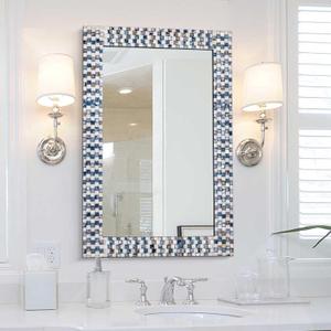 Chende Mosaic Mirror for Bathroom, 40''x28.3'' Large Living Room Mirror wth Capiz Shell Frame, Modern Decorative Mirrors for Wall Elegant Blue White Frame