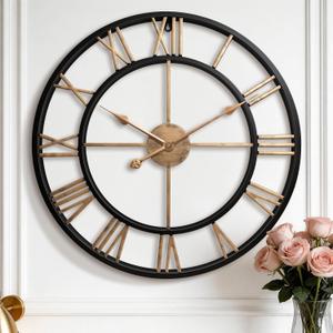 Pytha Sight 24 Inch Large Wall Clocks for Living Room, Farmhouse Roman Numeral Metal Wall Clock, Silent Non-Ticking Oversized Decorative Wall Clock for Fireplace, Dining Room, Office Decor