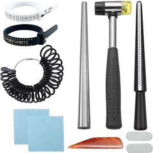 YUEARN 11Pcs Ring Sizer Measuring Tool, Premium Ring Making Kit with Ring Mandrel Circle Models Metal Stick Rubber Jewelers Hammer and Polishing Tools for Jewelry Making Crafts