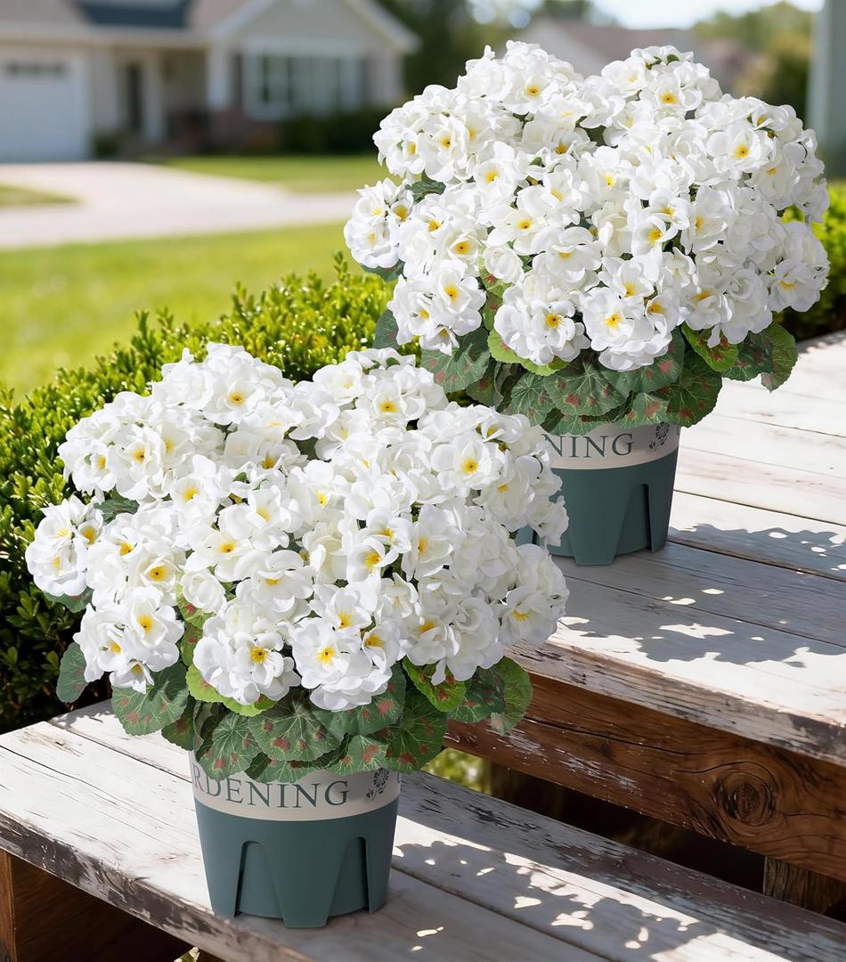 Geraniums Artificial Flowers for Outdoors, 2 Pack Potted Plants White Faux Geraniums Bush Artificial Topiaries Realistic UV Resistant Fake Flowers Plants for Planters Outside Gardens Front Door Indoor