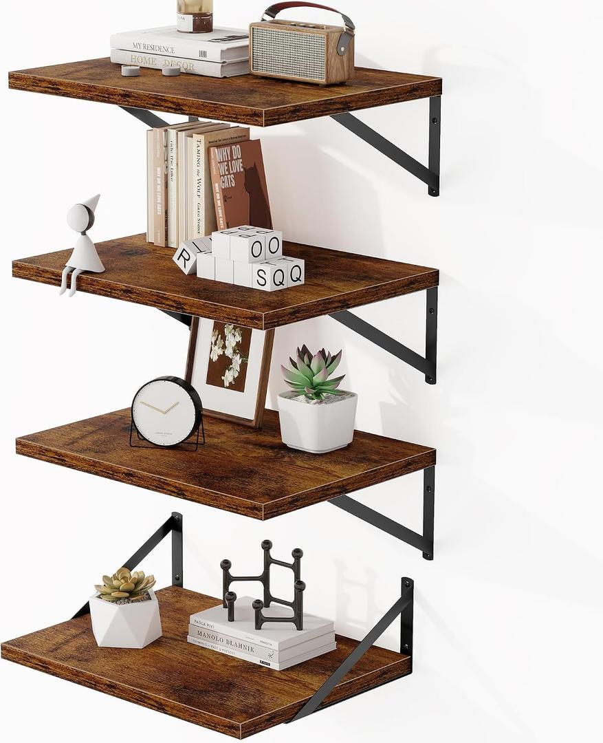 Heimlove Deep Floating Shelves for Wall, Wood Wall, Wide Floating Bookshelf for Living Room, Kitchen, Office, Bedroom and Decor Storage, Rustic Brown with Metal Bracket, 16wx12dx5.8h, 4 Shelves