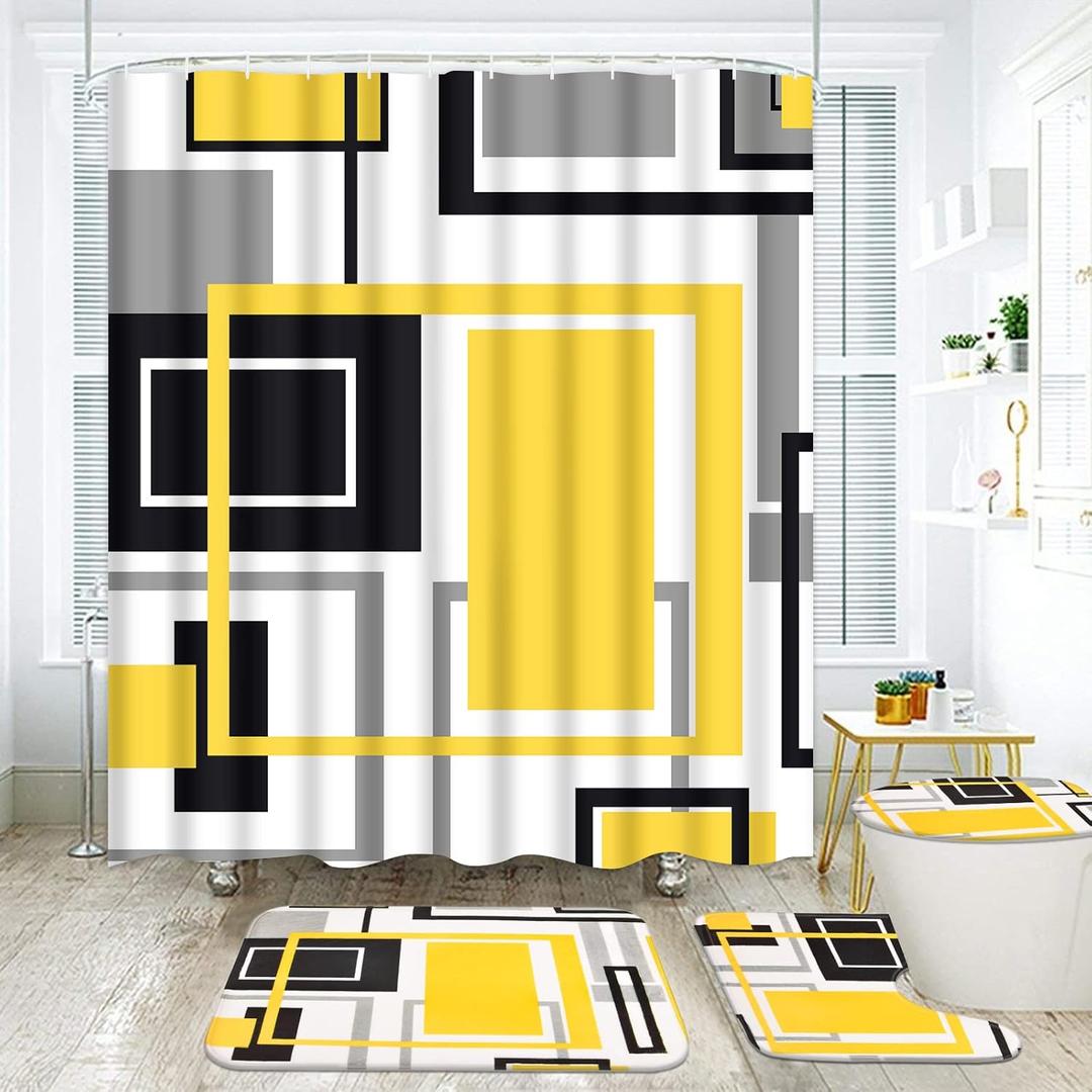 Likiyol 4 Pcs Yellow Geometric Shower Curtain Sets with Non-Slip Rugs, Toilet Lid Cover and Bath Mat, Abstract Modern Shower Curtain with 12 Hooks, Yellow Bathroom Decor (69"W x 70"L (Pack of 4))