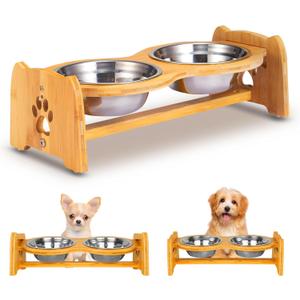 X-ZONE PET Elevated Dog Bowls for Cats and Dogs, Adjustable Bamboo Raised Dog Bowls for Small Dog, Food and Water Set Stand Feeder with 2 Stainless Steel Bowls and Anti Slip Feet (Height 4" to 4.5")