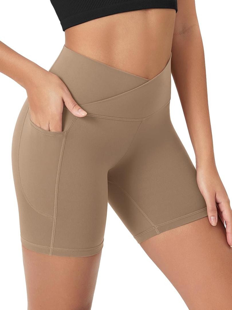 ODODOS Women's Crosover Yoga Shorts with Pockets, 6" Buttery Soft V High Waist Lounge Biker Shorts, Light Brown, X-Large (Brown, XL)