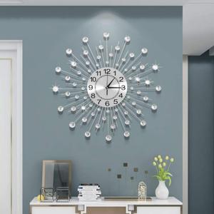 24 Inch Crystal Large Modern Metal Starburst Decor, Bling Crystal Wall Clock for Kitchen Office Bedroom Living Room Decorative (Silver)