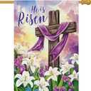 Heyfibro He is Risen Easter Cross Garden Flag 28x40 Double Sided Burlap, Lily Flower Spring Yard Banner for Holiday Farmhouse Jesus Religious Outdoor Decor(ONLY FLAG)