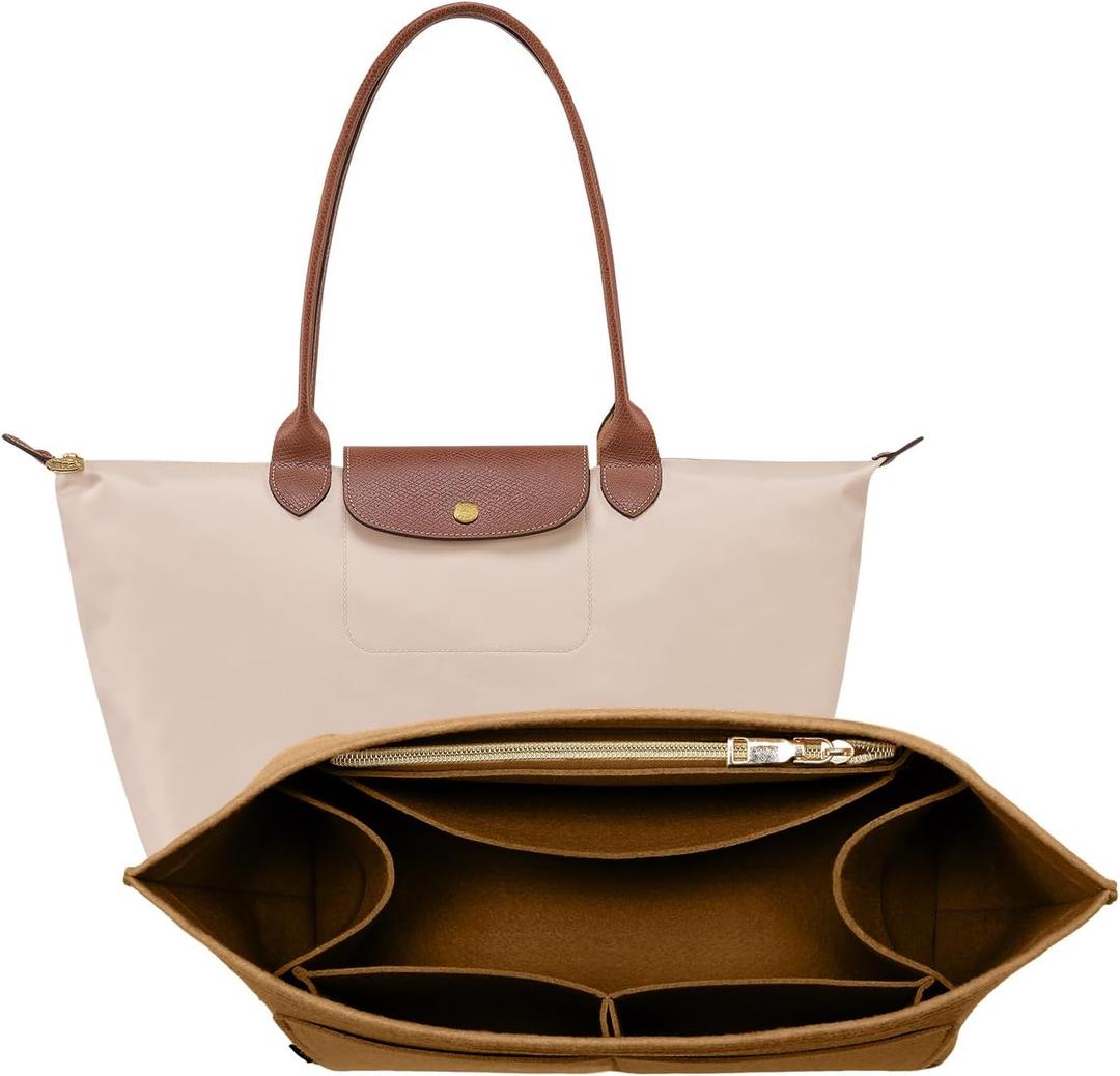 OPPOSHE Purse Organizer Insert for Longchamp Le Pliage, Premium Felt Long Champ Bag Handbag Women, Tote Organizer Insert with 9 Compartments (Large, Brown) (11.5*7.5*9.7in)