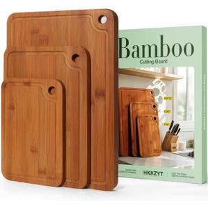 Bamboo Cutting Boards for Kitchen Set of 3, Wooden Cutting Board Non Toxic with Side Handle, HKKZYT Wood Chopping Board with Deep Juice Groove, Knife-Friendly, Kitchen Gift (Dark Color)
