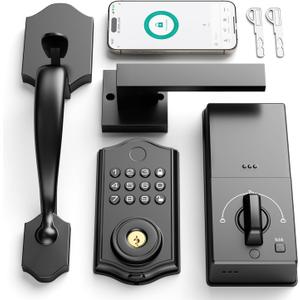 Smart Front Door Lock Set, APP Control Keyless Entry Door Lock with Handle, Smart Fingerprint Deadbolt, Anti-Peeping Electronic Keypad, Auto Lock, Easy Install, Black