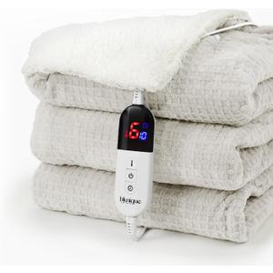 Blunique Heated Blanket Electric Blanket Queen Waffle, 84x90 Inches Dual Controllers Sherpa Fleece Fast Heating Blanket 6 Heating Levels & 10 Hours Auto Off ETL Certification, Beige Queen