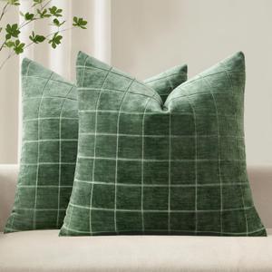 MIULEE Decorative Chenille Check Throw Pillow Covers Vintage Plaid Couch Pillows 20x20 Inch Set of 2 Neutral Boho Cushion Covers Modern Spring Home Decor for Sofa Bed Living Room Moss Green