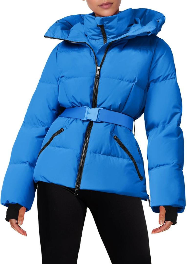 Fisoew Womens Ski Jacket Warm Hooded Insulated Waterproof Quilted Puffy Mountain Snow Winter Coat with Belt (Large, Blue)
