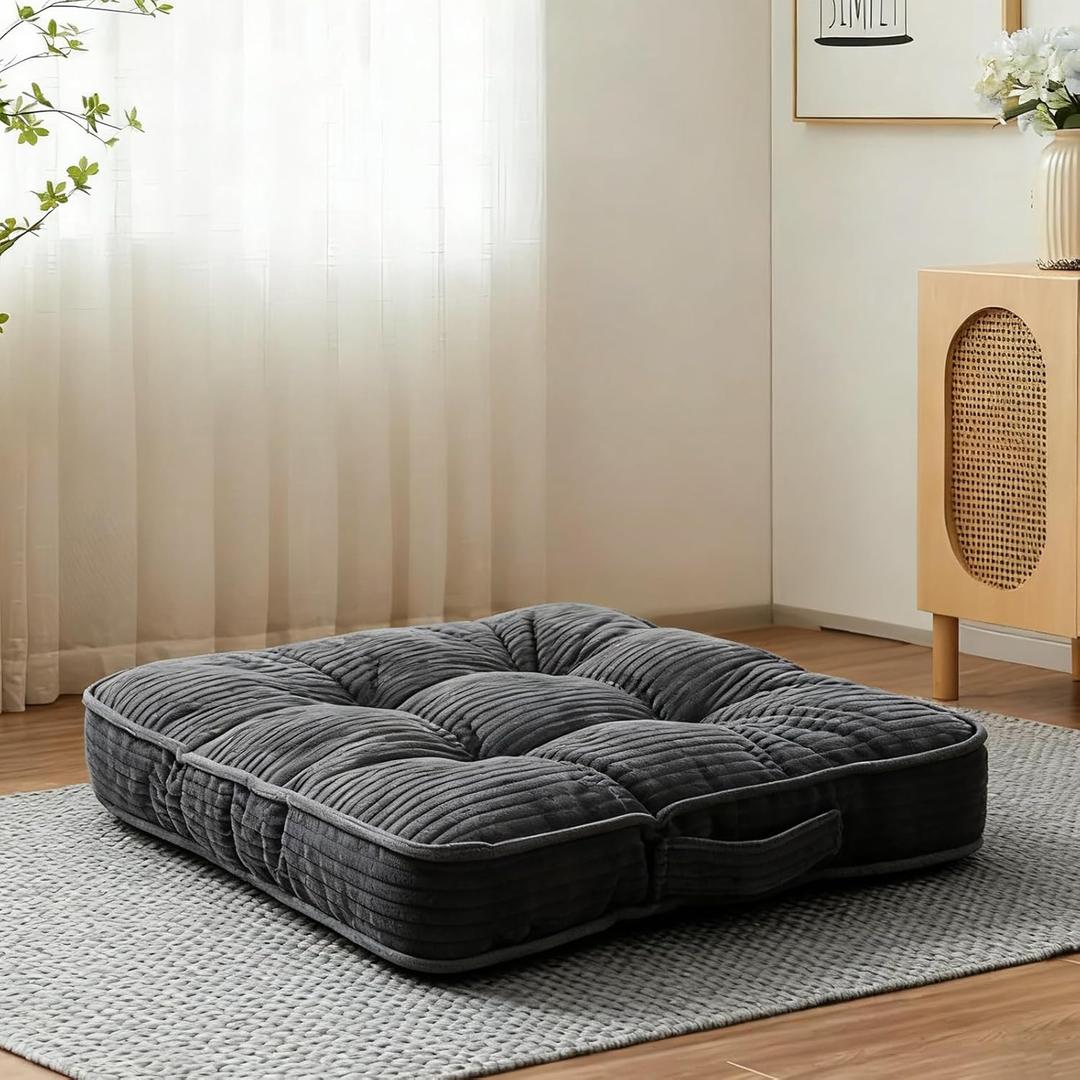 Meditation Floor Pillow Memory Foam Floor Cushions for Adults 22x22+4 Thicken Floor Sitting Large Square Pillows Seating Tufted Corduroy Seat Cushions Machine Washable for Yoga Living Room