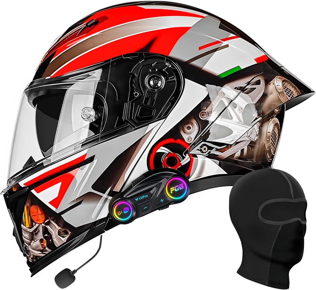 Modular Bluetooth Motorcycle Helmet, DOT Approved | Flip Up Full Face Helmets with Dual Visor, for Adults Men and Women (Black, XXL)