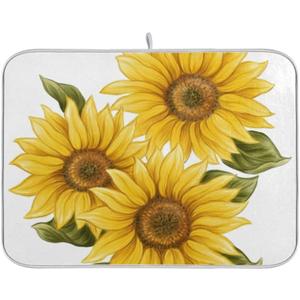 Absorbent Dish Drying Mat for Kitchen Counter - Yellow Sunflower Microfiber Drying Pad, Reversible Drainer Mats for Countertop, Small 16" x 18"