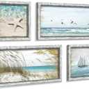 Beach Framed Wooden Pictures Wall Art: Coastal Art Set of 4 Seascape Prints Starfish Pictures Ocean Artwork for Bedroom Overall 36"W x 24"H, 12"x12"x2 PCS + 12"x24"x2 PCS