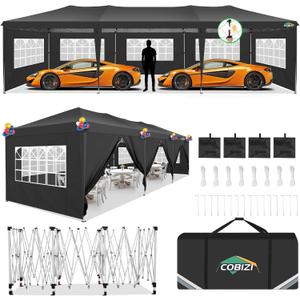 COBIZI 10x30 Pop Up Canopy Tent with 8 Sidewalls Party Tents for Parties Weddings Backyard Waterproof Commercial Instant Outdoor Events Tent with Stakes, Ropes,Sandbags10 x 30 ft Black