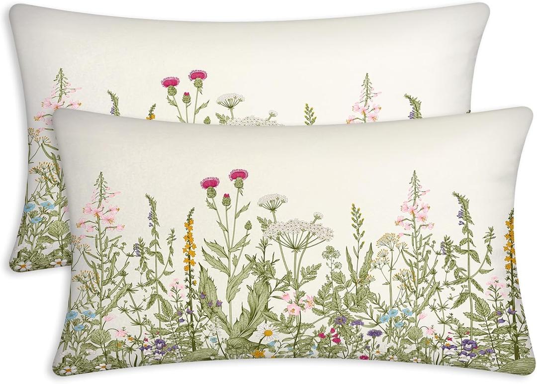 Vintage Floral 12X20 Pillow Cover Set of 2, Spring Lumbar Throw Pillow Decorative Green Rectangle Throw Pillow Covers, Botanical Accent Couch Sofa Pillows for Living Room (Wild Flowers)