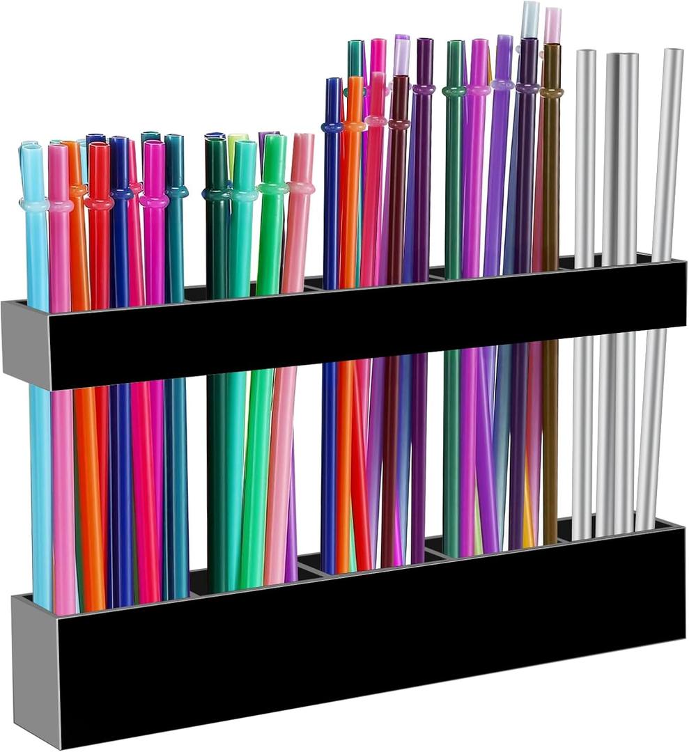9.5 Large Acrylic Straw Holder for Cabinet Door - Reusable Tumbler Straw Organizer Storage, Small Kitchen Accessories Container, Ultra Sticky Cupboard Door Mounted (Black)