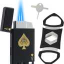 Lighter and Cutter Set, Adjustable Double Jet Flame Butane Torch Lighter with Protect Cover, Refillable Windproof Lighter with Keyhole, Gifts for Men, Black(Sold Without Gas)