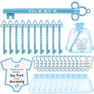 Geyoga 50 Sets Baby Shower Party Favors 50 Fancy Key Shape Pens It's a Girl/ Boy Key Gel Ink Pens 50 Thank You Cards Small Gift Cards 50 Organza Bags for Guests Gender Reveal Party Favors(Blue,Boy)