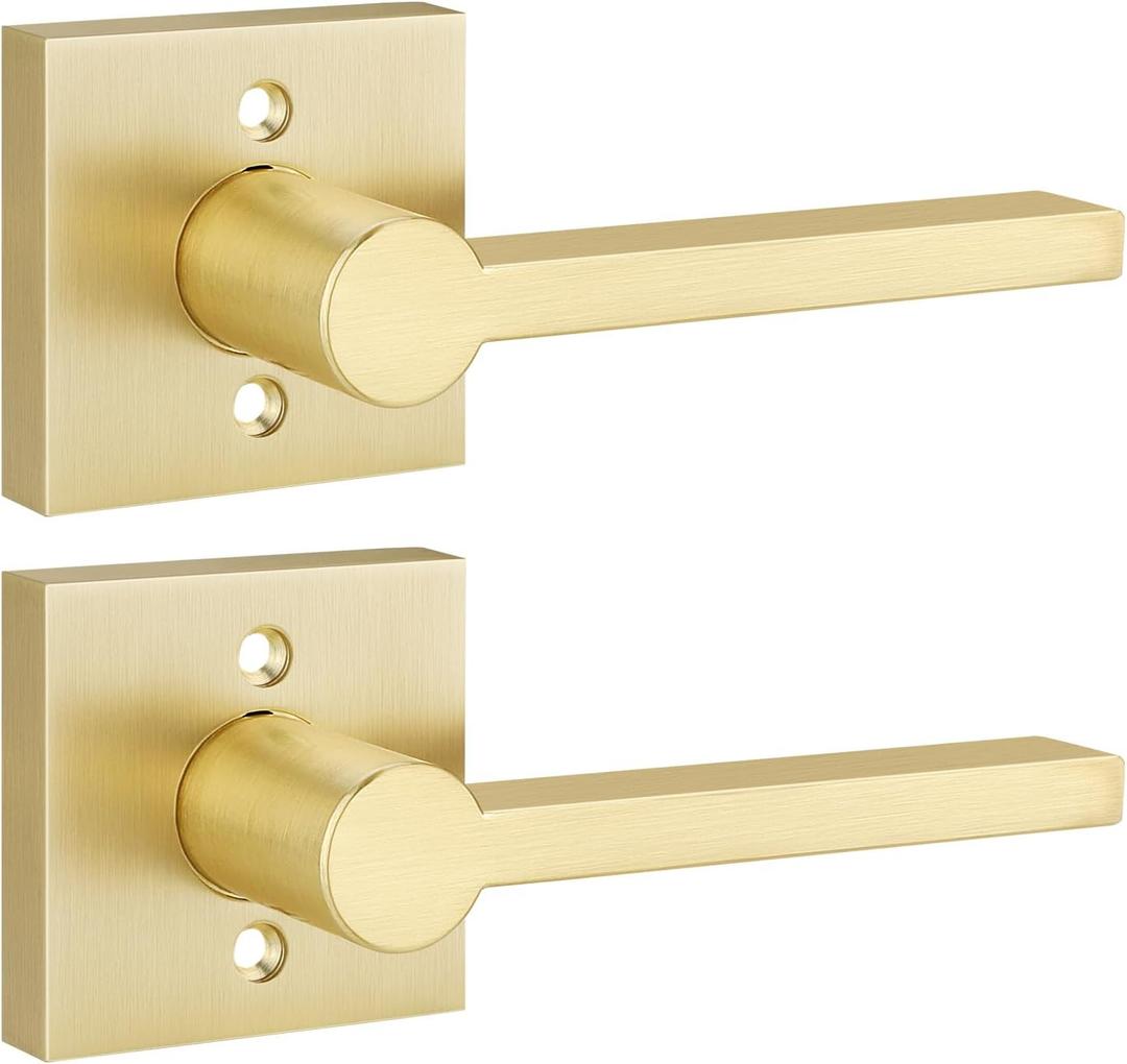 EHOMEWARE 2 Pack Satin Brass Dummy Door Handle, Interior Door Lever for Pull or Push Only, Heavy Duty Single Sided Door Handles for French or Closet Doors
