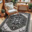 3x5 Black Grey Area Rug for Living Room, Machine Washable Rugs with Non-Slip Backing for Bedroom, Vintage Medallion Carpet Kitchen Laundry Kids Room Decor