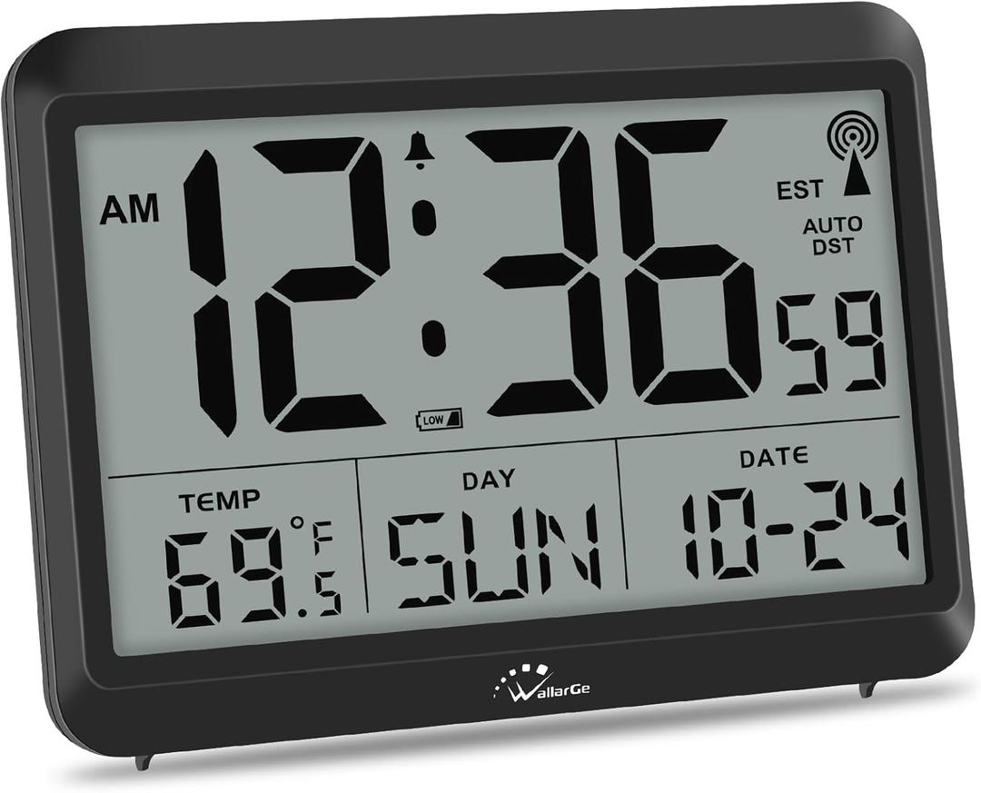 WallarGe Atomic Digital Wall Clock Battery Operated, Self-Setting, Large Display with Temperature, Date, Day of The Week, Silent Wall Mount Digital Clock, 4 Time Zones, DST (8.5 inch - Black)