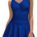 SHEKINI Women's V Neck One Piece Skirt Swimsuit Ruched Retro Swimdress Bathing Suit, Size: S