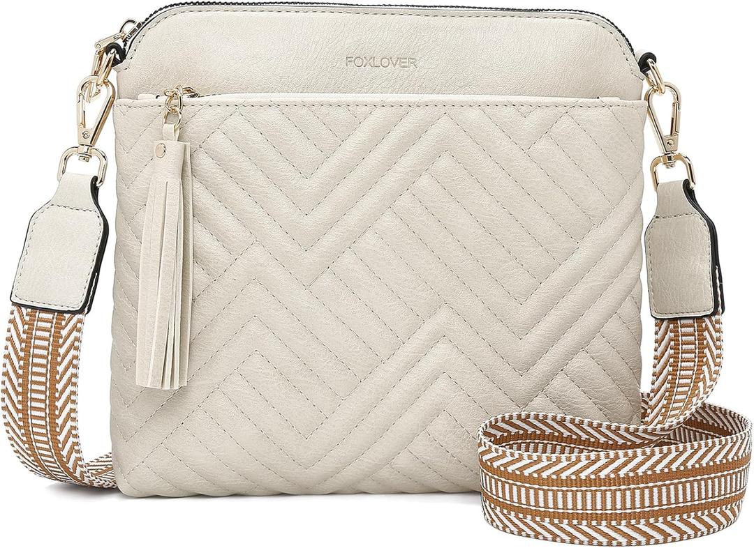 FOXLOVER Quilted Crossbody Bags for Women Vegan Leather Boho Purses Shoulder Handbags with Tassel (Beige)