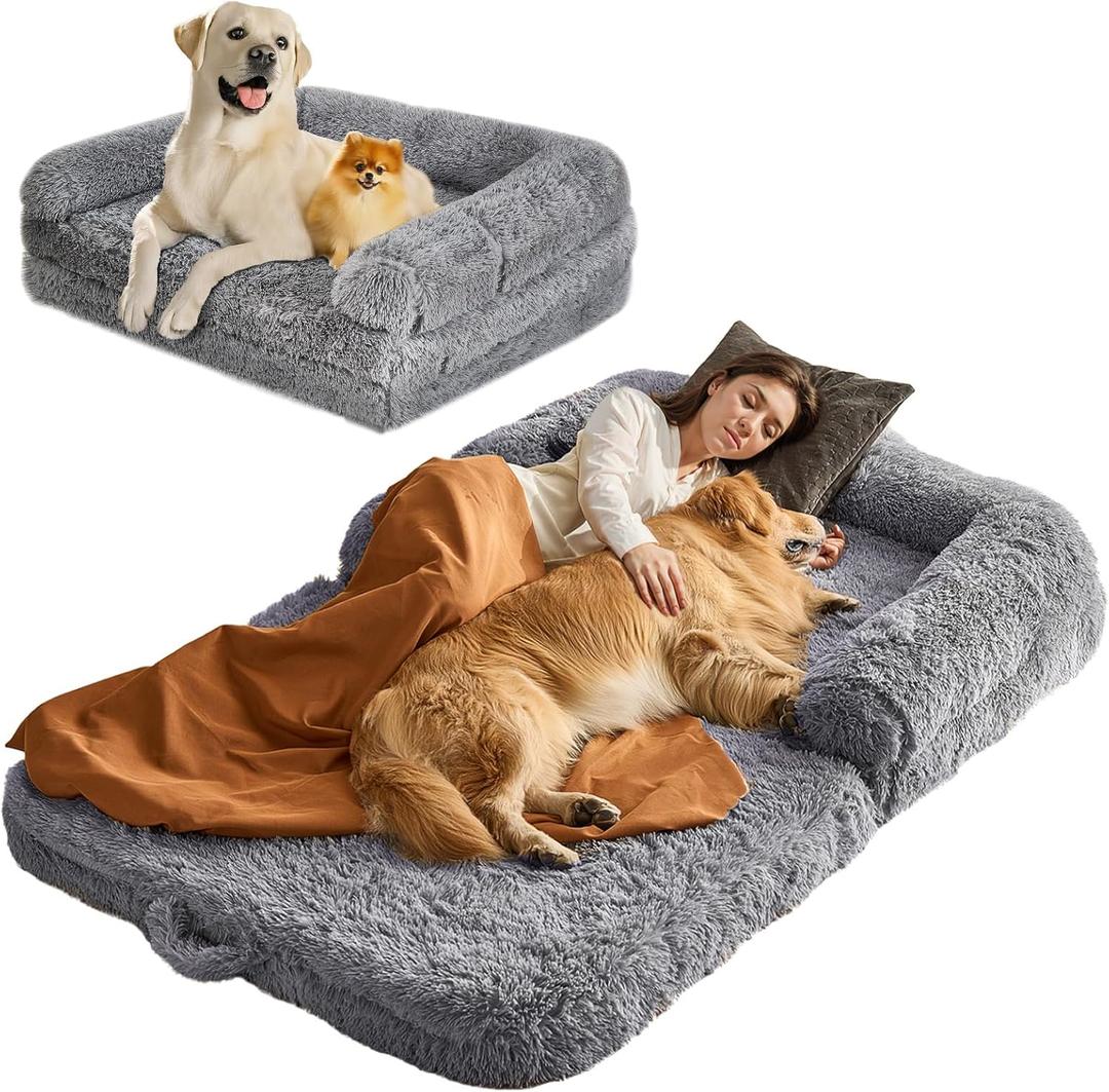VEVOR Foldable Human Dog Bed, 72"x48"x10" Giant Human Sized Dog Bed with Washable PV Velvet Cover, Egg Orthopedic Foam, Storage Pocket, for You and Pet, Grey