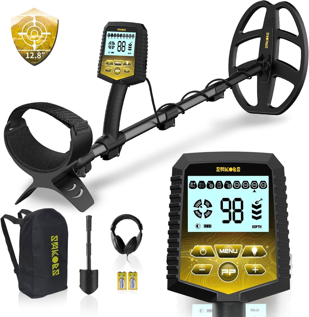 SAKOBS Metal Detector for Adults Professional Higher Accuracy 9 Types of Metal Target Detection, 11" Waterproof Double-D Coil, Upgraded DSP Chip and LCD Display (12.8" Detection Depth)
