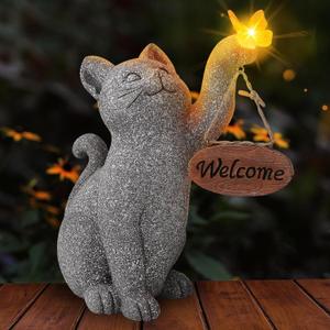 Solar Cat Garden Statue Outdoor Decor Cat Figurine with Butterfly Clearance Welcome Sign for Yard Lawn Ornaments Porch Patio Balcony Housewarming Unique Birthday Gifts for Grandma Mom Women