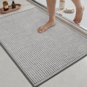 MontVoo Bath Mat,Chenille Absorbent Bathroom Mat Quick Dry Rubber Backed Bathroom Rugs Non Slip Washable Bath Mats,Ultra Thin Bathroom Rugs Fit Under Door,17"x24",Grey